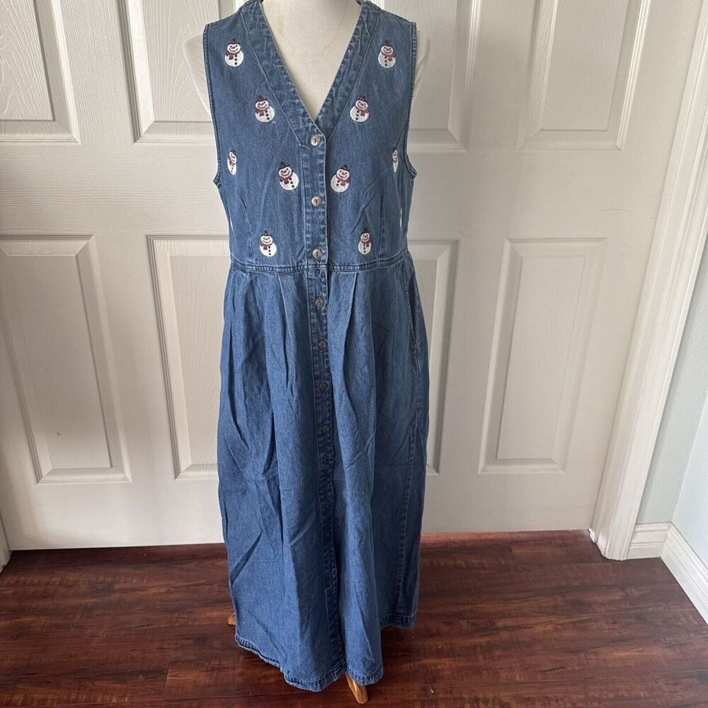 Vintage 90s Christmas Denim Jumper Maxi Dress M Embroidered Snowmen Jane Ashley